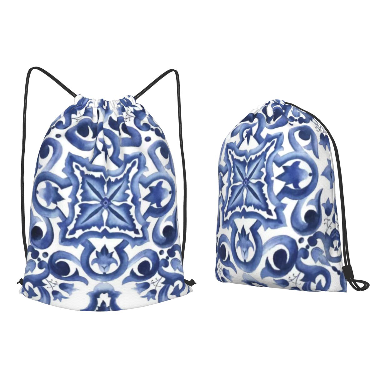 Tile Bag Drawstring - Blauwe, sierlijke, bloemrijke, mediterrane Siciliaanse tegelrugzakken,