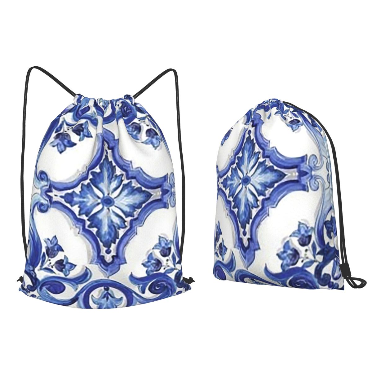 Tile Bag Drawstring - Blauwe sierlijke bloemen-taferel-tegelrugzakken in mediterrane Siciliaanse