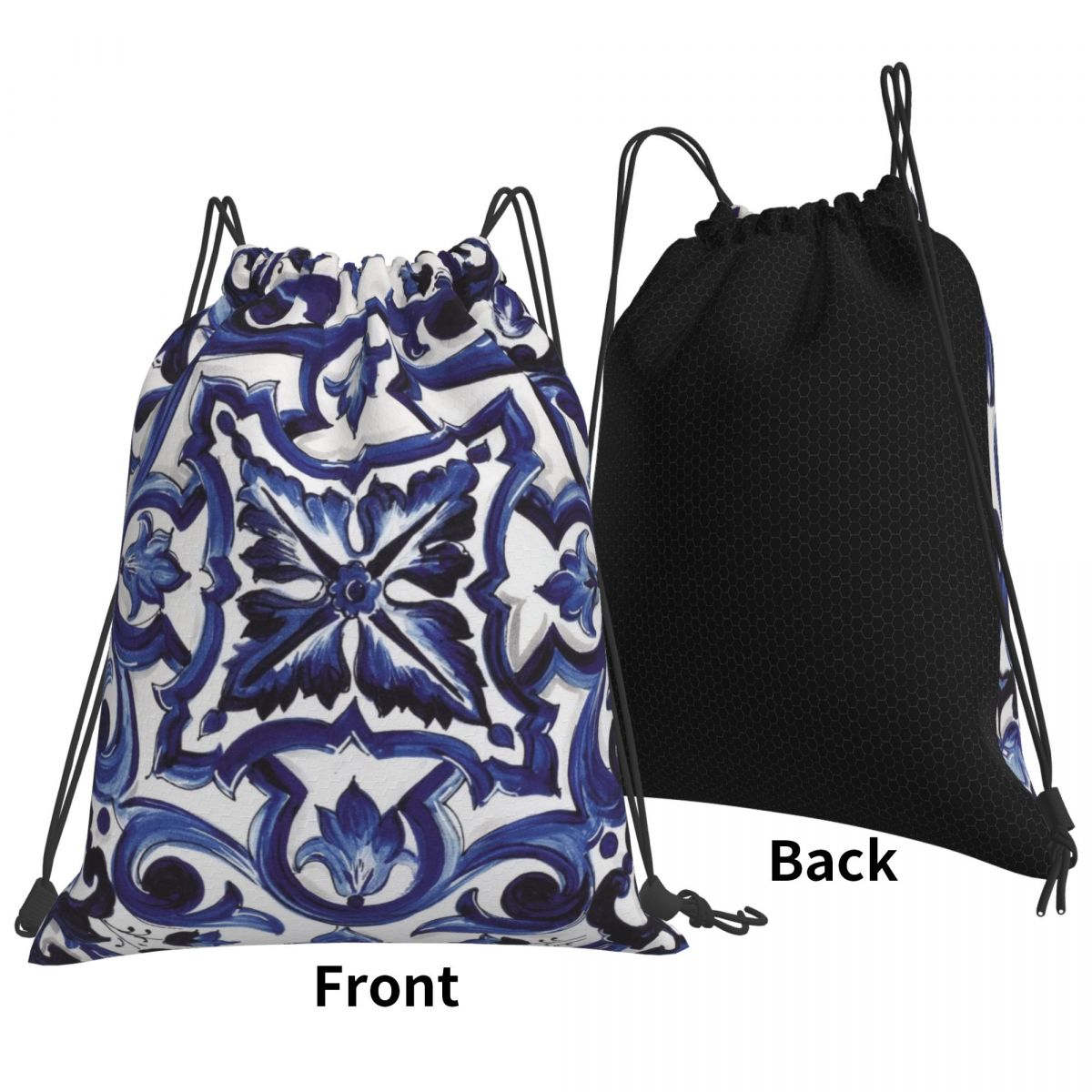 Tile Bag Drawstring - Blauwe sierlijke bloemen-tailliertassen met mediterrane Siciliaanse