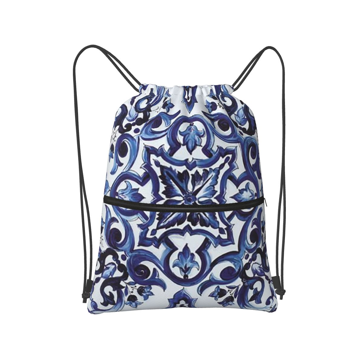 Tile Bag Drawstring - Blauwe sierlijke bloemen Mediterrane Siciliaanse tegelrugzakken