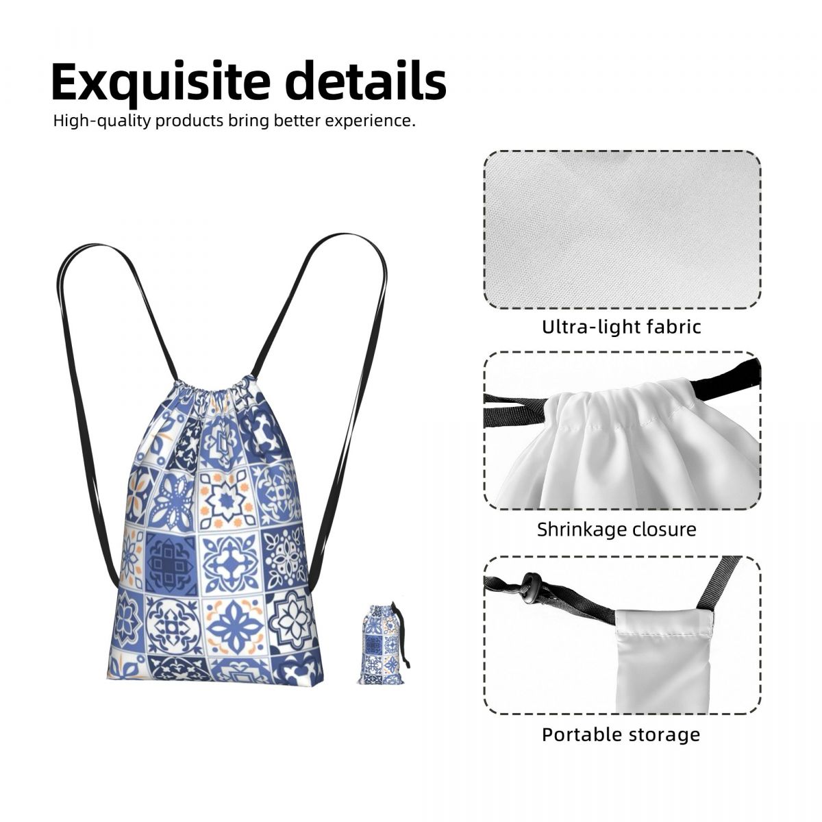 Tile Bag Drawstring - Blauwe Portugese tegel Portugal Azulejo bloemen