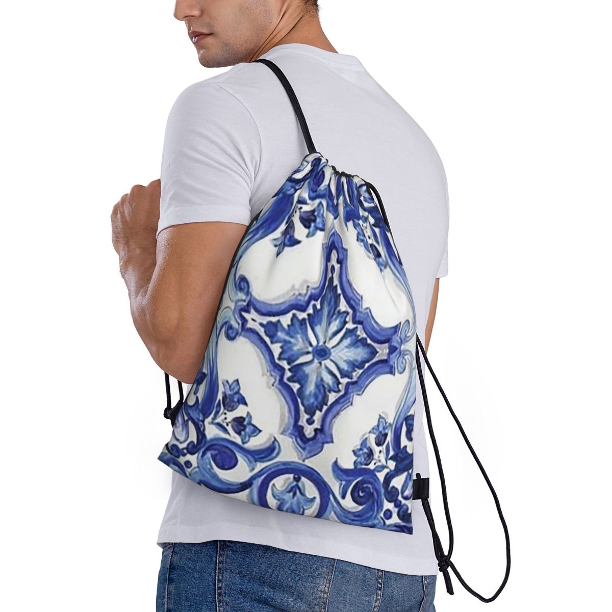 Tile Bag Drawstring - Blauwe sierlijke bloemen-tailliertassen met mediterrane Siciliaanse