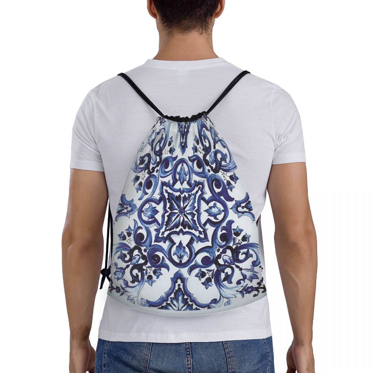 Tile Bag Drawstring - Blauwe sierlijke bloemen-tailliertassen met mediterrane Siciliaanse