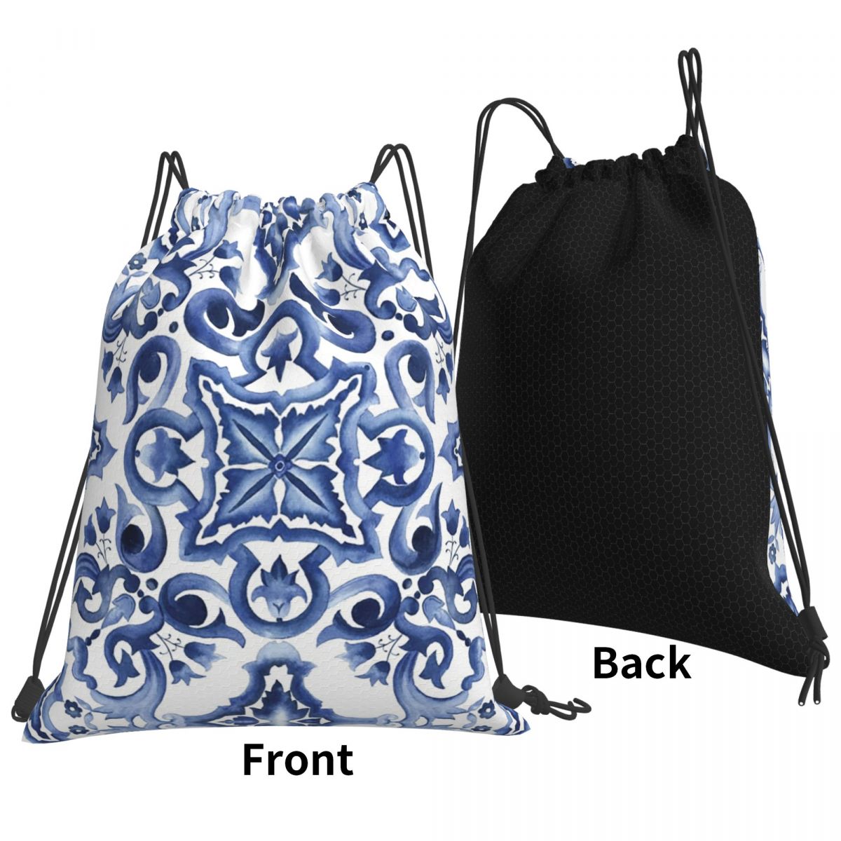 Tile Bag Drawstring - Blauwe sierlijke bloemenmediterrane Siciliaanse tegelrugzakken Draagbare