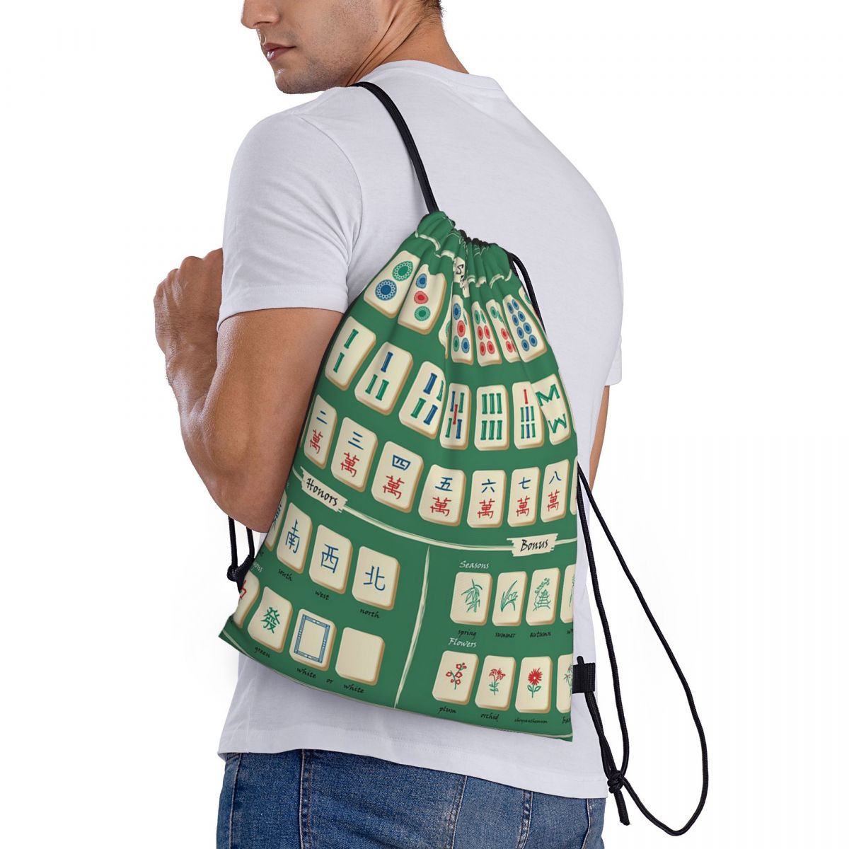 Tile Bag Drawstring - Mahjong Tile Pattern-rugzakken Draagbare tassen met