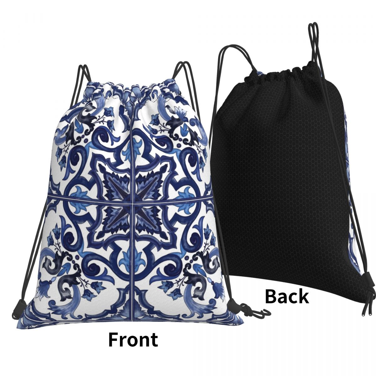Tile Bag Drawstring - Blauwe sierlijke bloemen Mediterraanse Siciliaanse tegelrugzakken