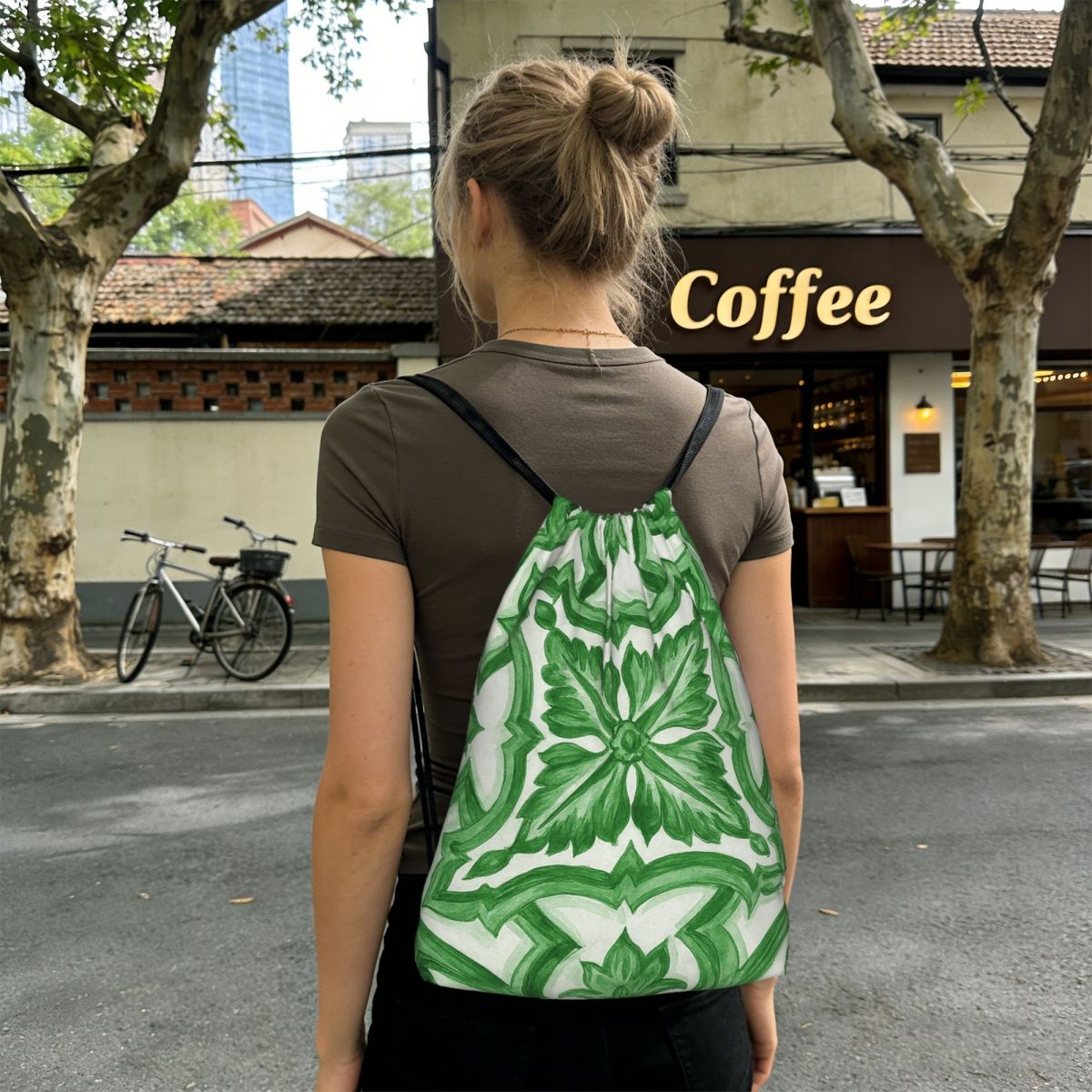 Tile Bag Drawstring - Groene sierlijke bloemen Mediterraanse Siciliaanse tegelrugzakken