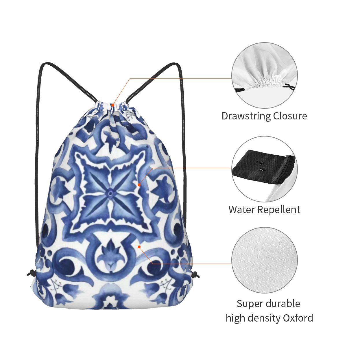 Blauwe, sierlijke, bloemrijke, - Tile Bag Drawstring recensie en prijs