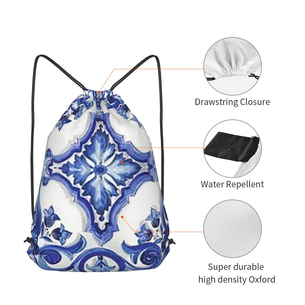 Blauwe sierlijke bloemen-tafer - Tile Bag Drawstring recensie en prijs