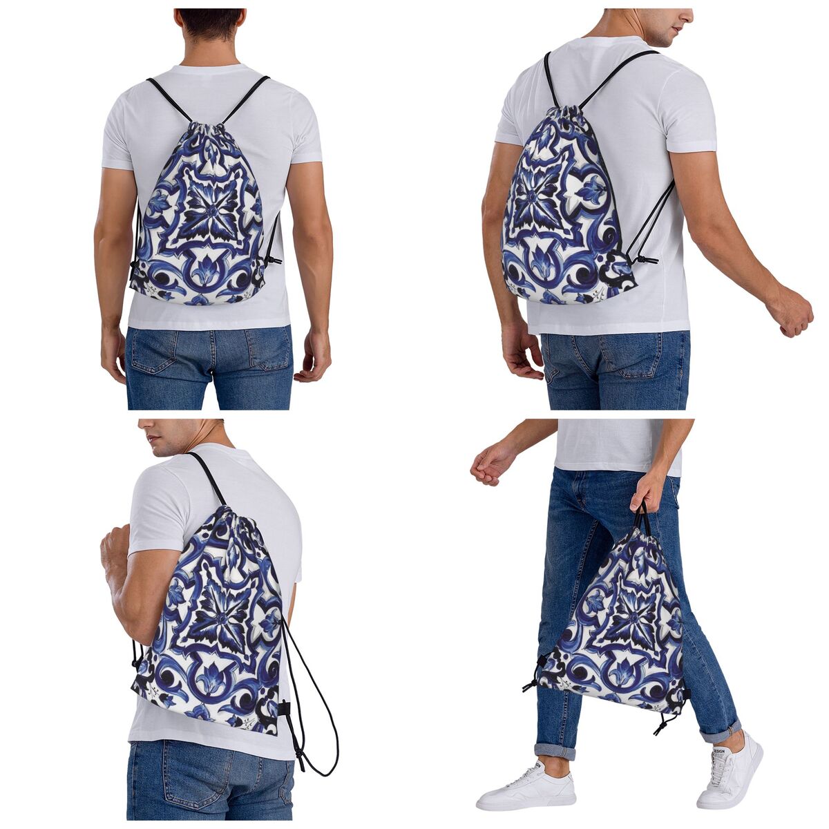 Blauwe sierlijke bloemen-taill - Tile Bag Drawstring recensie en prijs