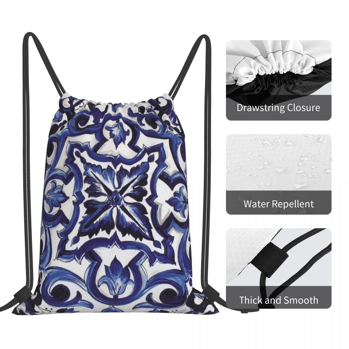 Blauwe sierlijke bloemen-taill - Tile Bag Drawstring recensie en prijs