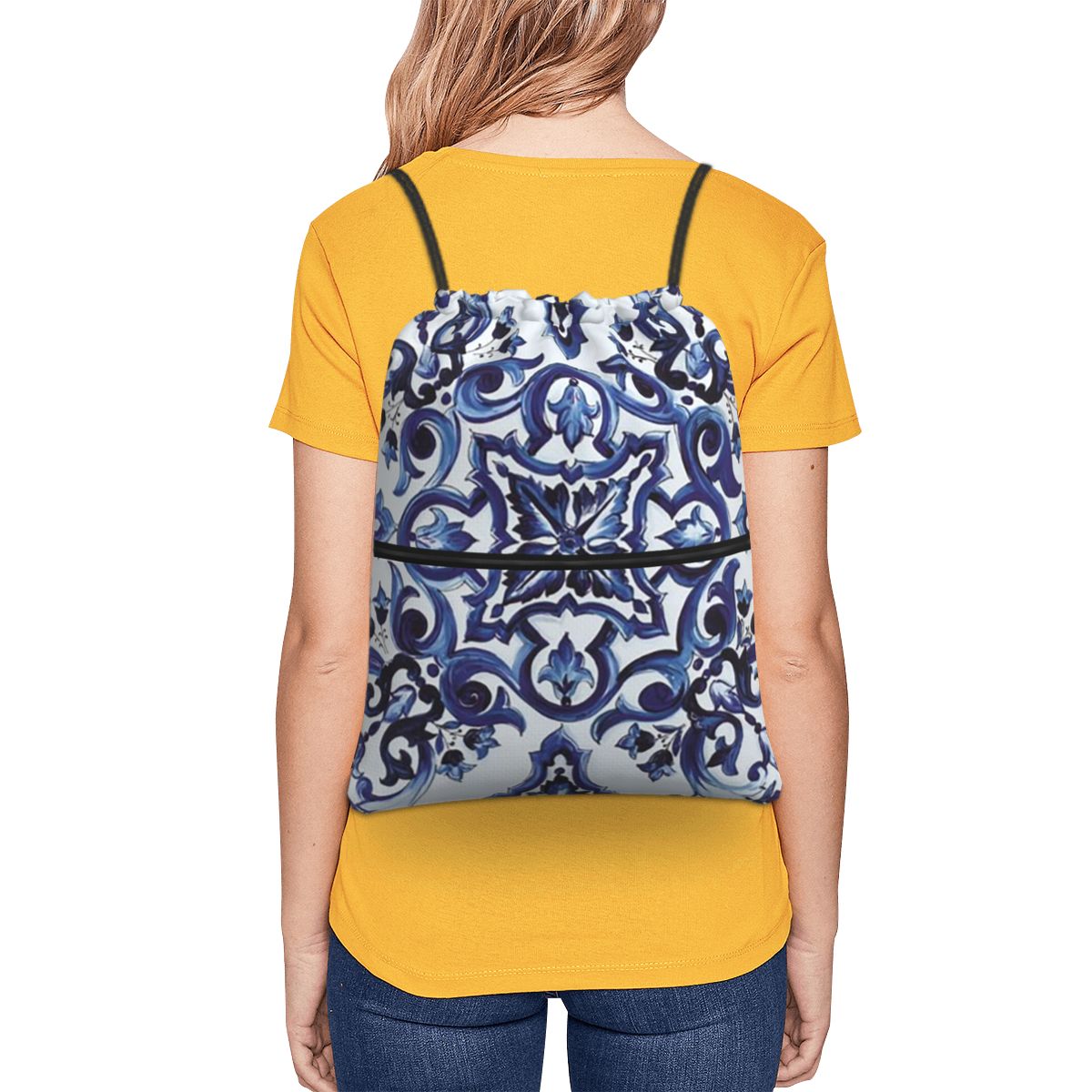 Blauwe sierlijke bloemen Medit - Tile Bag Drawstring recensie en prijs