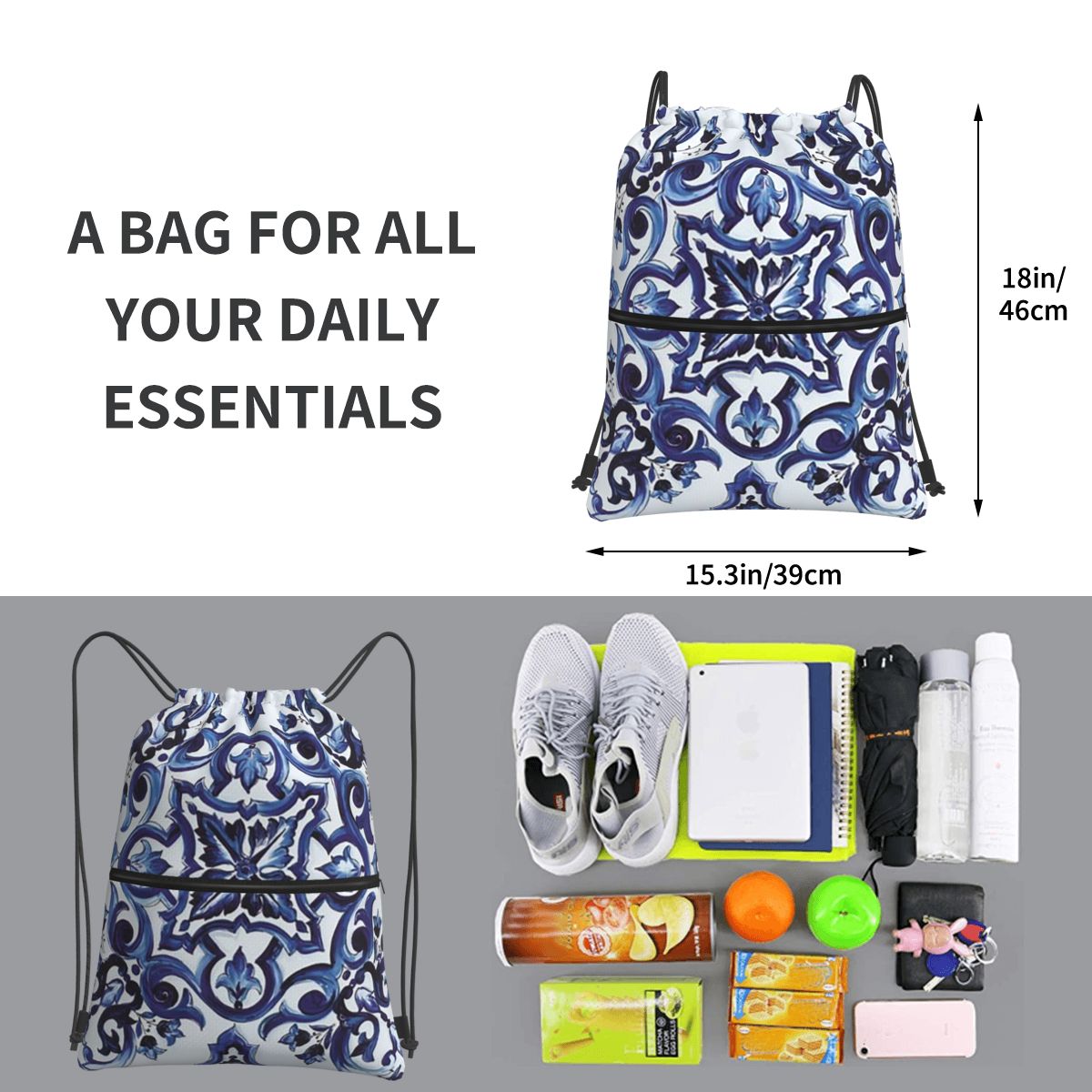 Blauwe sierlijke bloemen Medit - Tile Bag Drawstring recensie en prijs