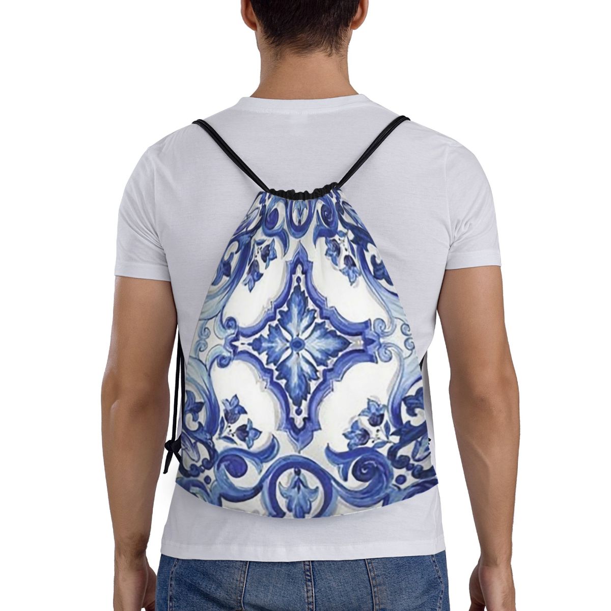 Blauwe sierlijke bloemen-taill - Tile Bag Drawstring recensie en prijs