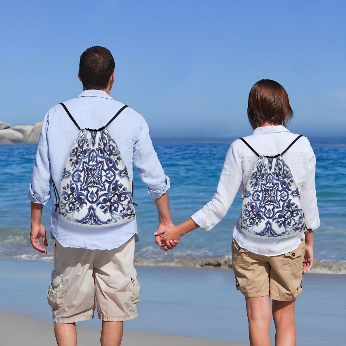 Blauwe sierlijke bloemen-taill - Tile Bag Drawstring recensie en prijs