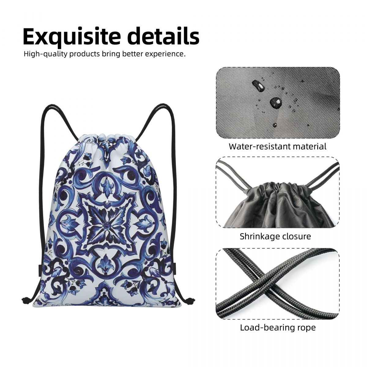 Blauwe sierlijke bloemen-taill - Tile Bag Drawstring recensie en prijs