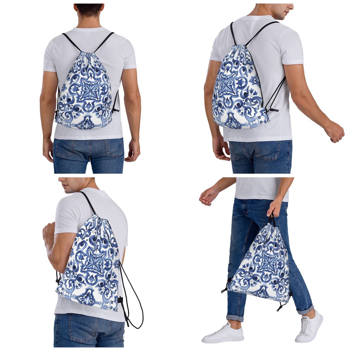 Blauwe sierlijke bloemenmedite - Tile Bag Drawstring recensie en prijs