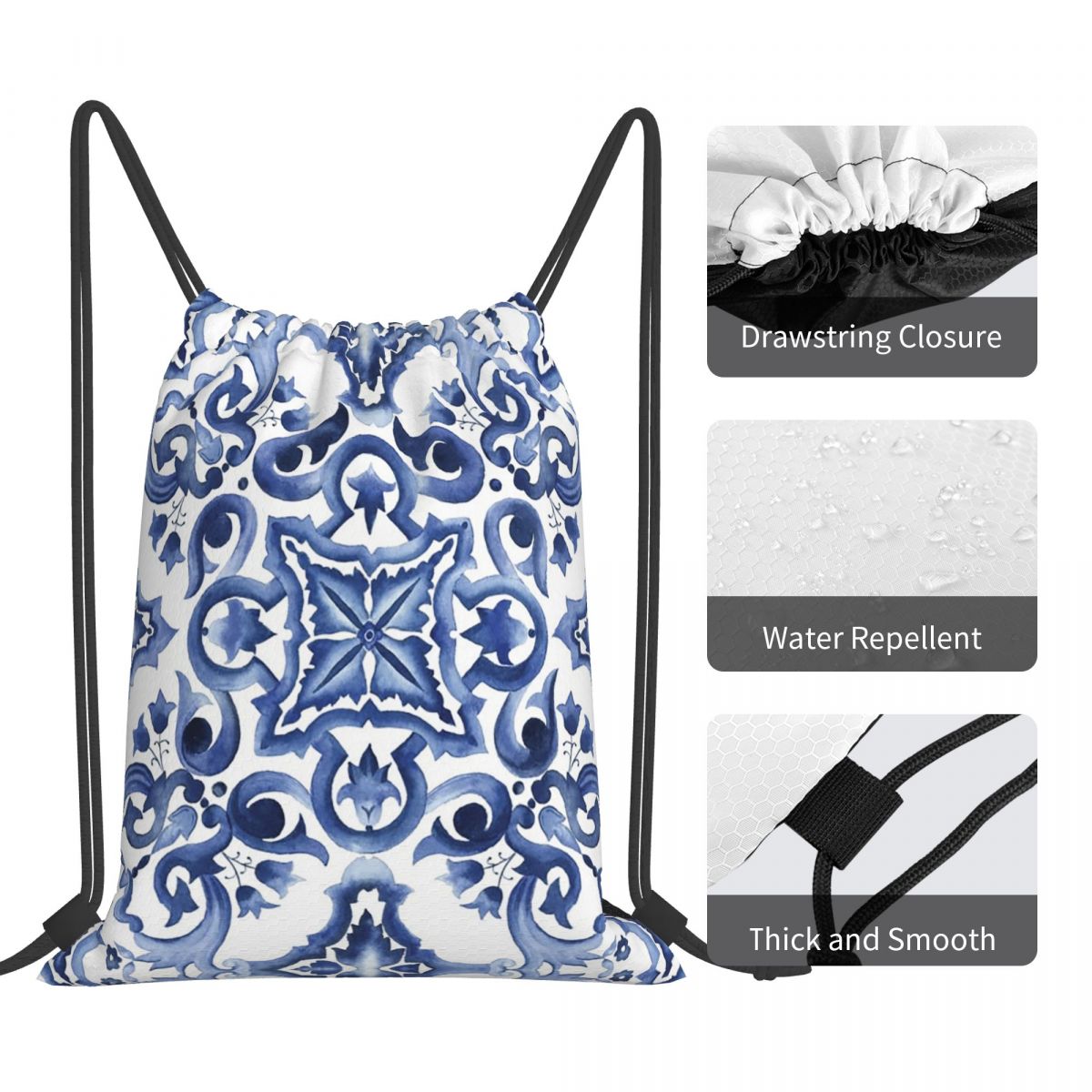 Blauwe sierlijke bloemenmedite - Tile Bag Drawstring recensie en prijs
