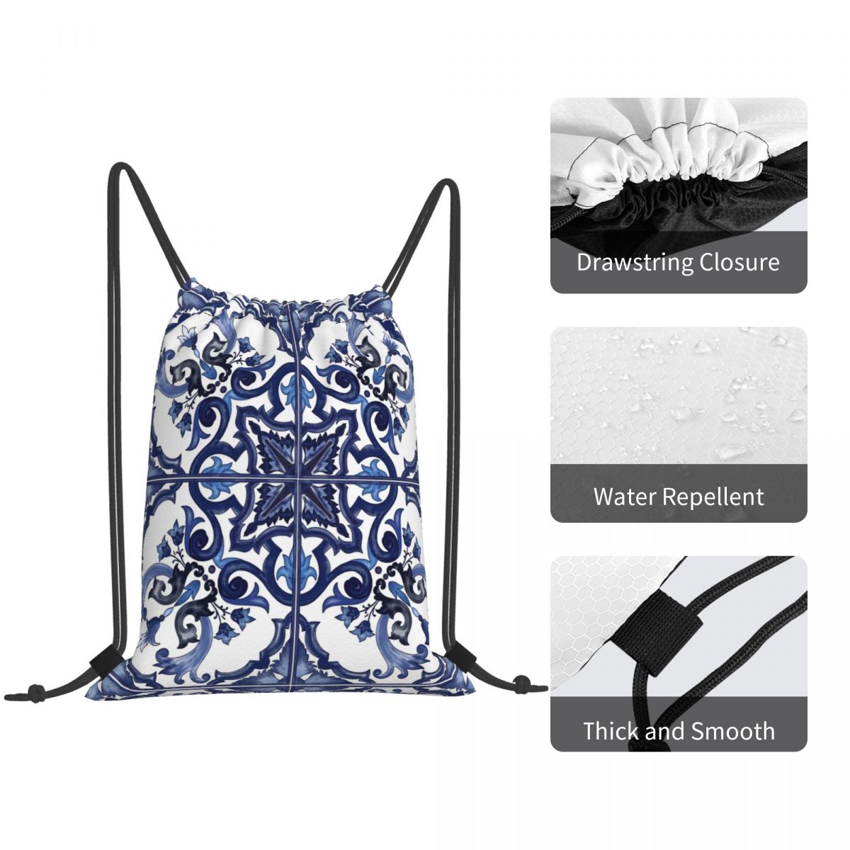 Blauwe sierlijke bloemen Medit - Tile Bag Drawstring recensie en prijs